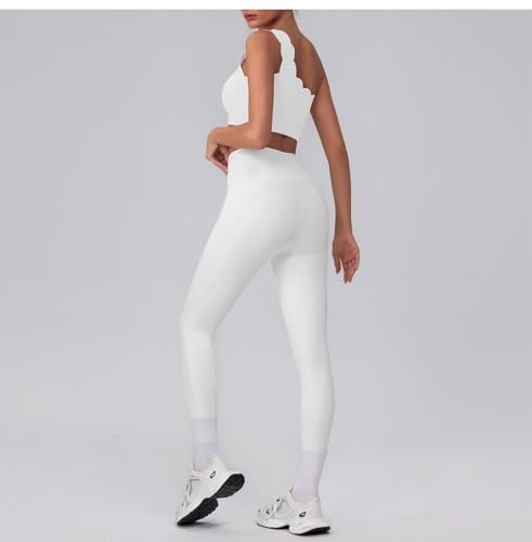 Yoga Suit Lace Shoulder Bra Shoulder Leaky Sports Running Vest Women's Cross High Waist Fitness Pants (YW542 + KW421 white,L/8)