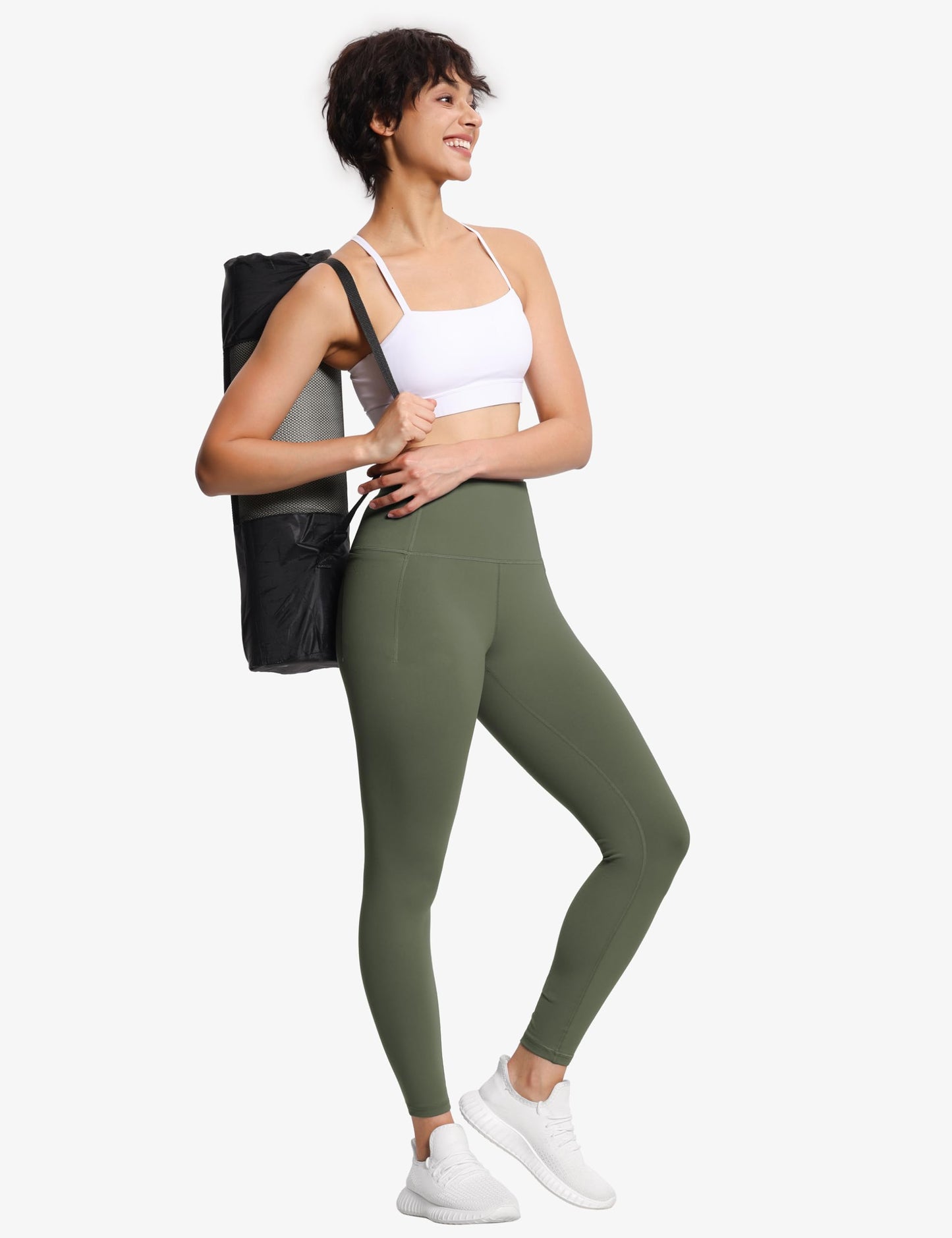 THE GYM PEOPLE Tummy Control Workout Leggings with Pockets High Waist Athletic Yoga Pants for Women Running, Fitness Olive Green