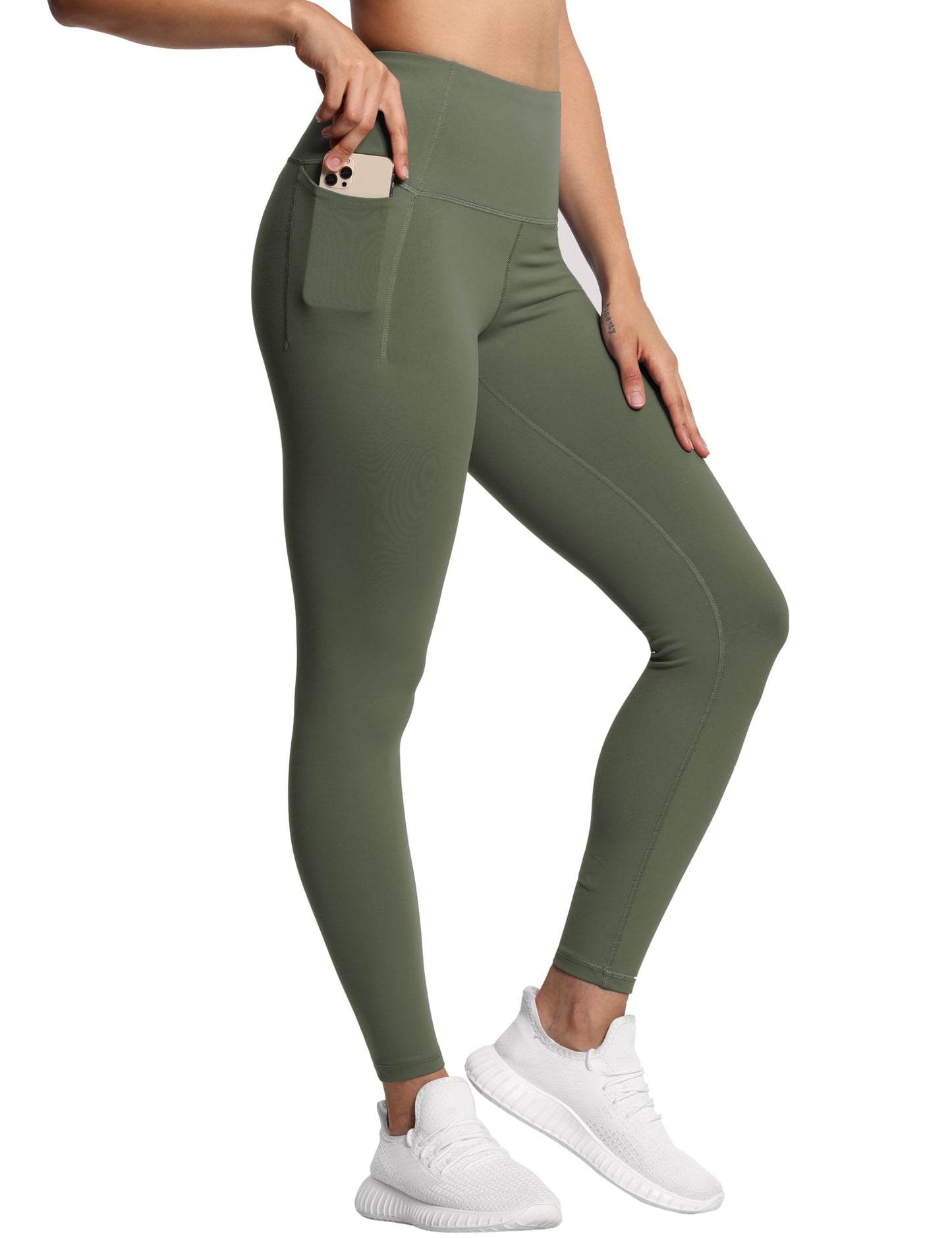 THE GYM PEOPLE Tummy Control Workout Leggings with Pockets High Waist Athletic Yoga Pants for Women Running, Fitness Olive Green