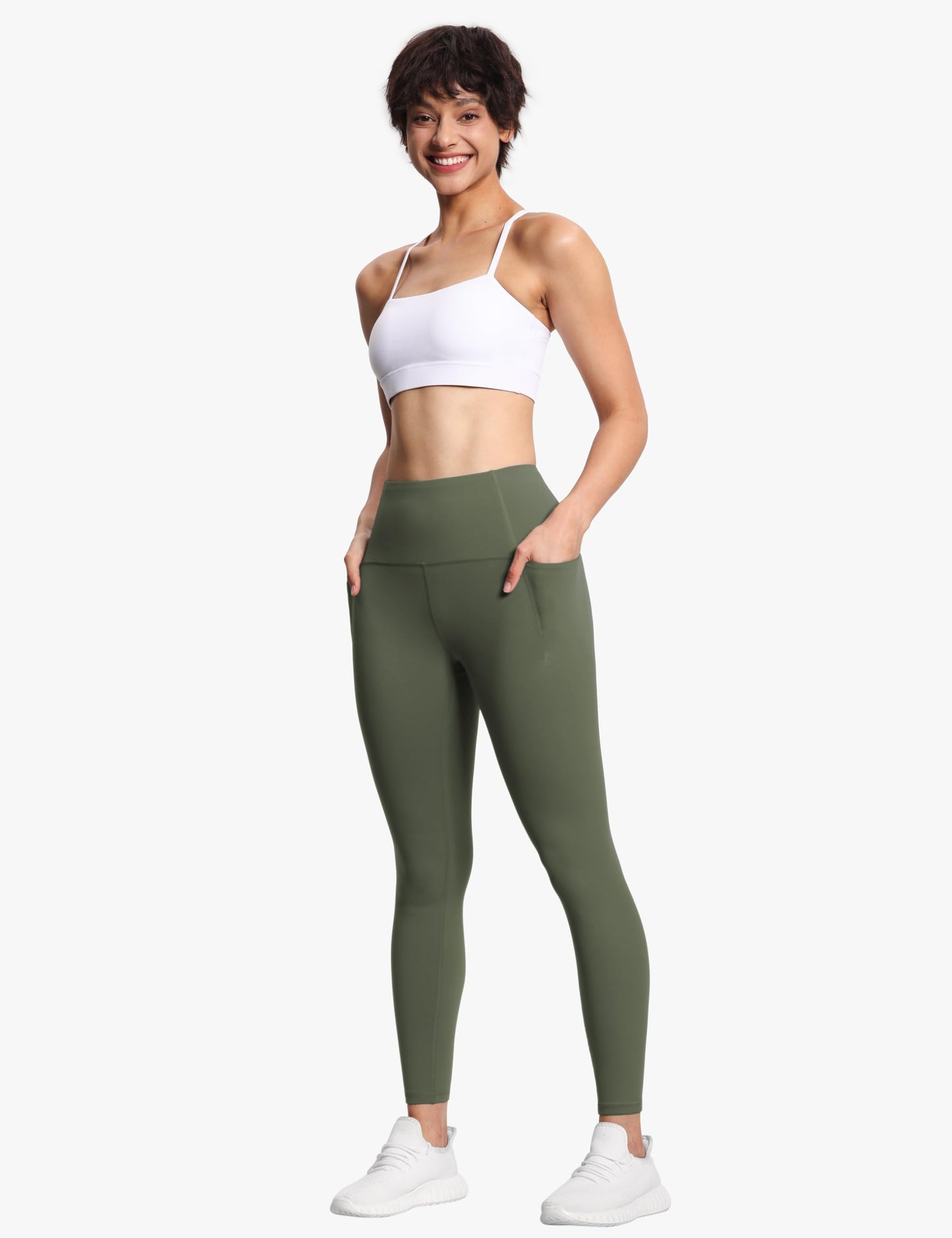 THE GYM PEOPLE Tummy Control Workout Leggings with Pockets High Waist Athletic Yoga Pants for Women Running, Fitness Olive Green