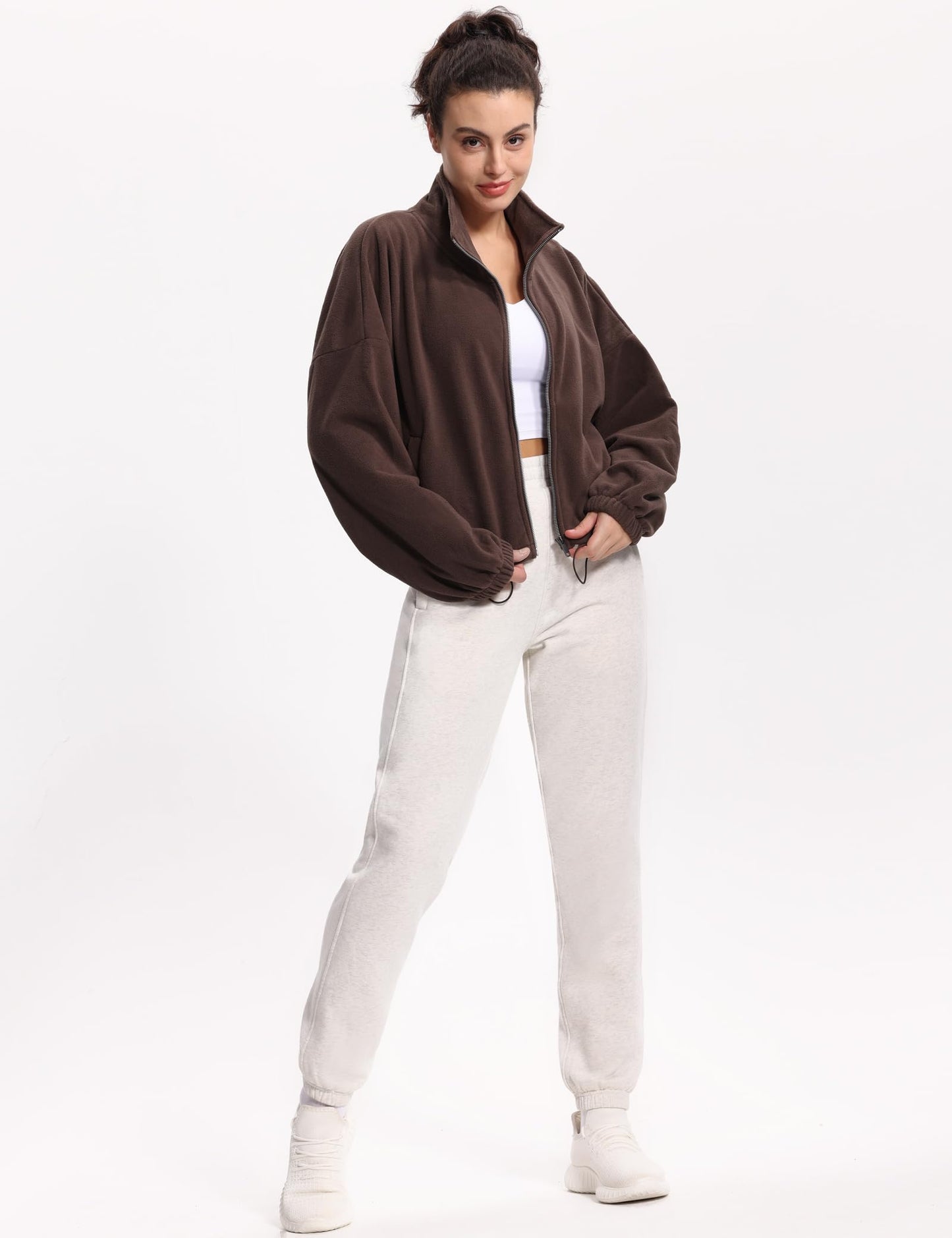 THE GYM PEOPLE Women's Fleece Cropped Jacket Full Zip Stand Collar Workout Short Sherpa Coats with Pockets Drawstring Hem