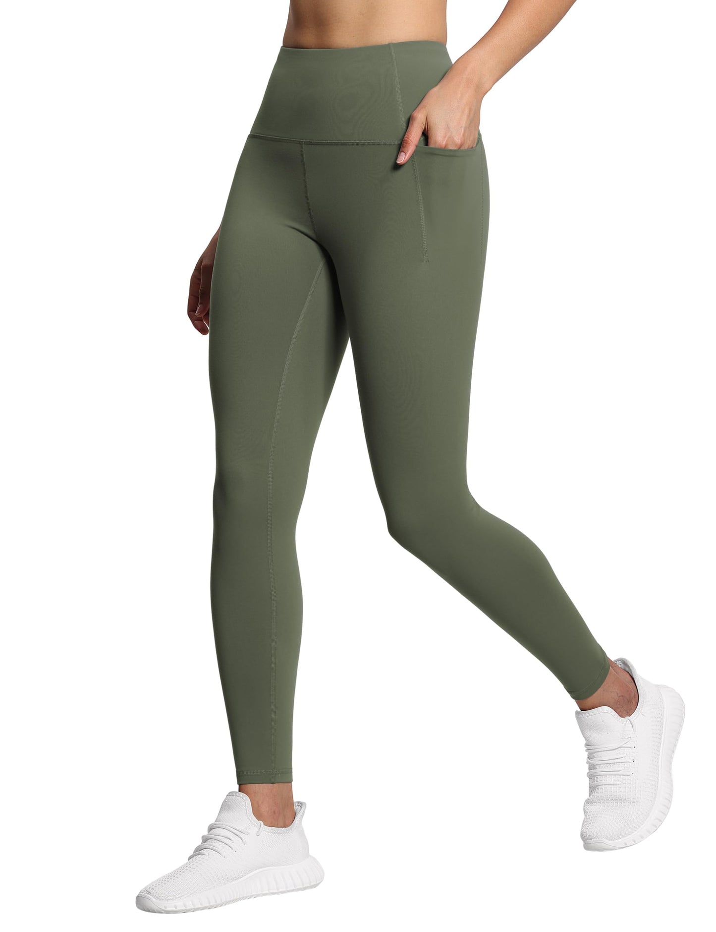 THE GYM PEOPLE Tummy Control Workout Leggings with Pockets High Waist Athletic Yoga Pants for Women Running, Fitness Olive Green