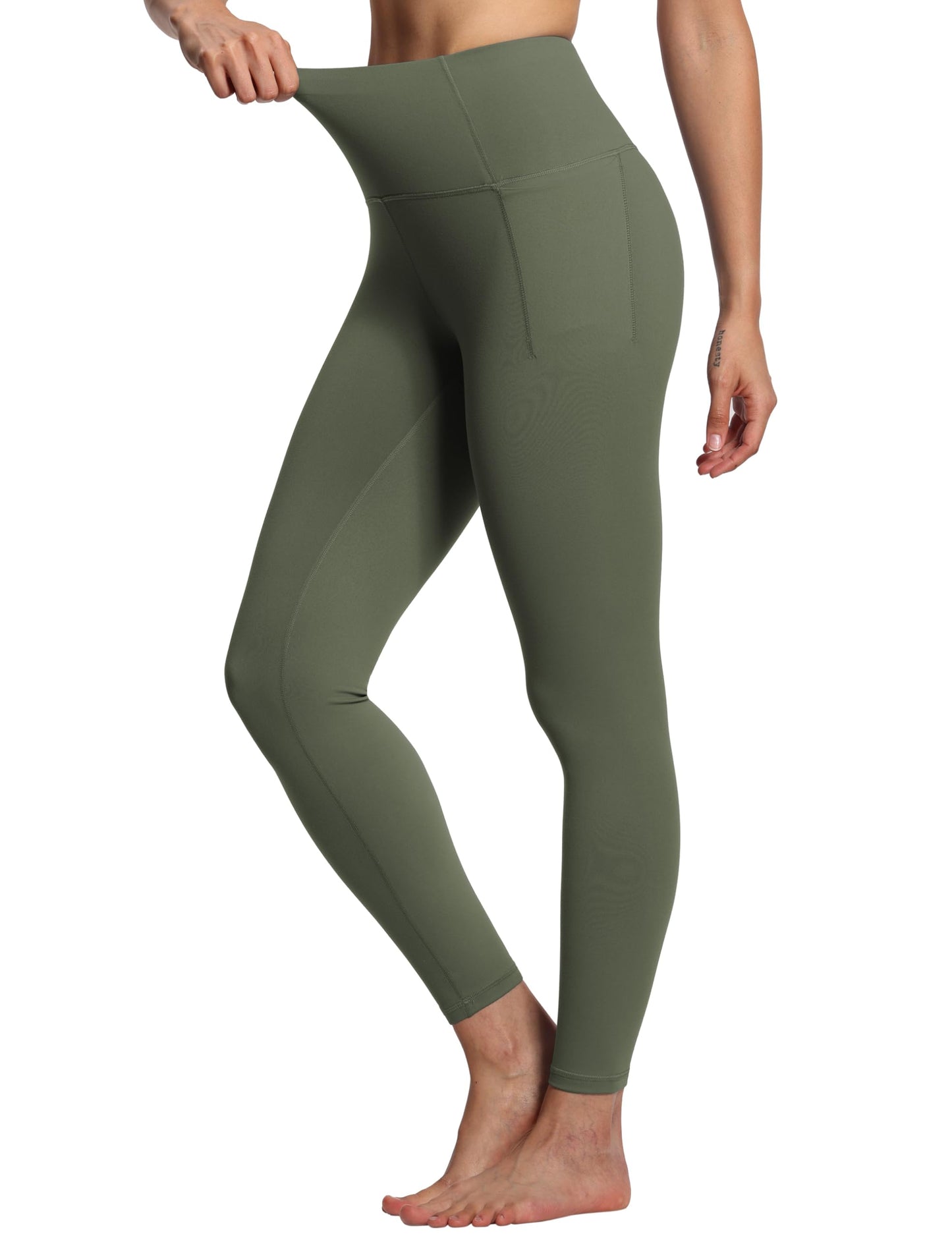 THE GYM PEOPLE Tummy Control Workout Leggings with Pockets High Waist Athletic Yoga Pants for Women Running, Fitness Olive Green