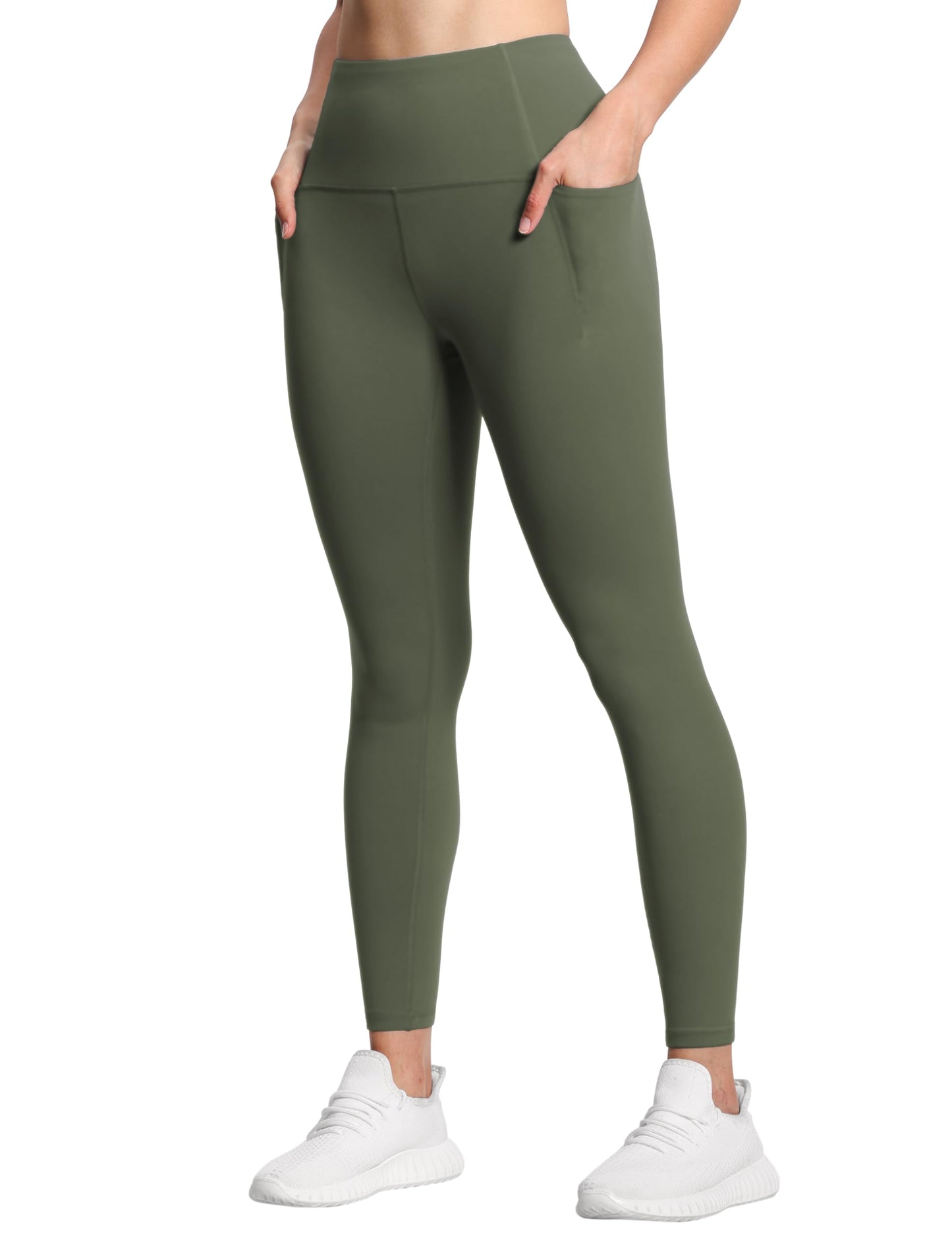 THE GYM PEOPLE Tummy Control Workout Leggings with Pockets High Waist Athletic Yoga Pants for Women Running, Fitness Olive Green