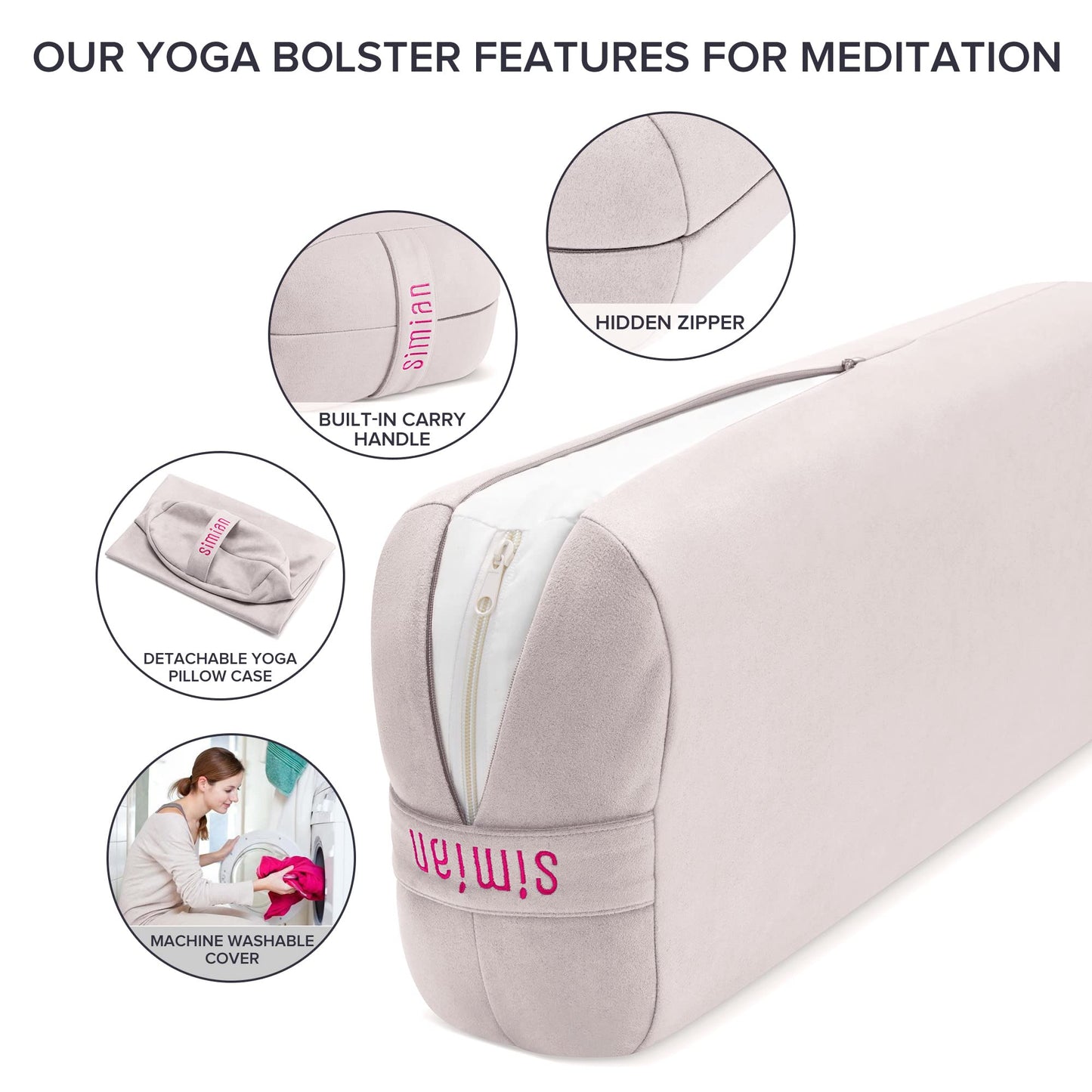 Simian Yoga Bolster Pillow Premium Meditation Bolsters Supportive Rectangular Cushion with Skin-Friendly Velvet Cover Washable, Support Cushions Bolster Pillows for Restorative Yoga,Yin Yoga… (CREAM BEIGE)