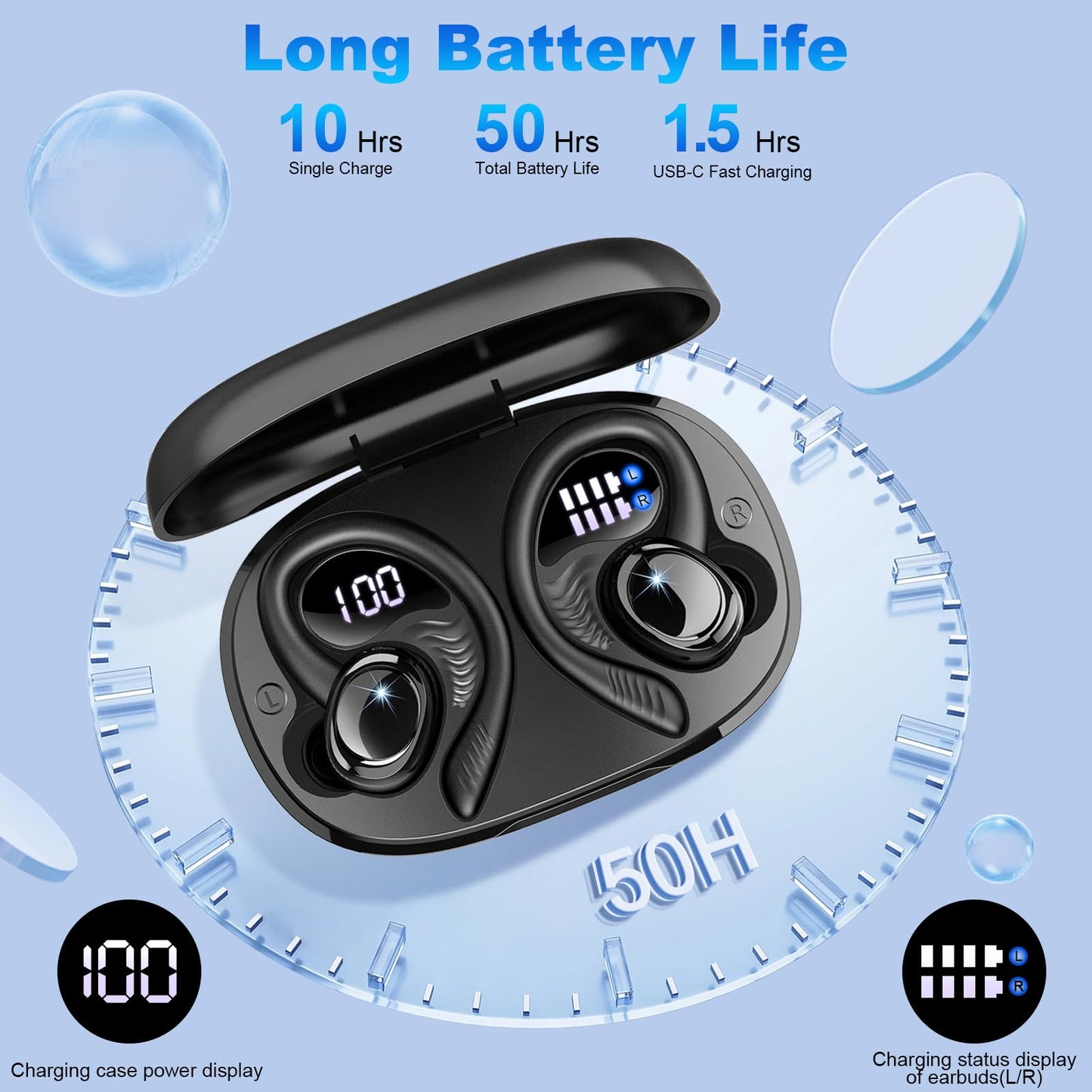 Wireless Earbuds Bluetooth 5.4 Headphones Sport, 2025 Bluetooth Earbuds with Earhooks, 50H Stereo Over Ear Buds, Earphone with 4 ENC Noise Canceling Mic, IP7 Waterproof Headset for Running/Gym/Workout