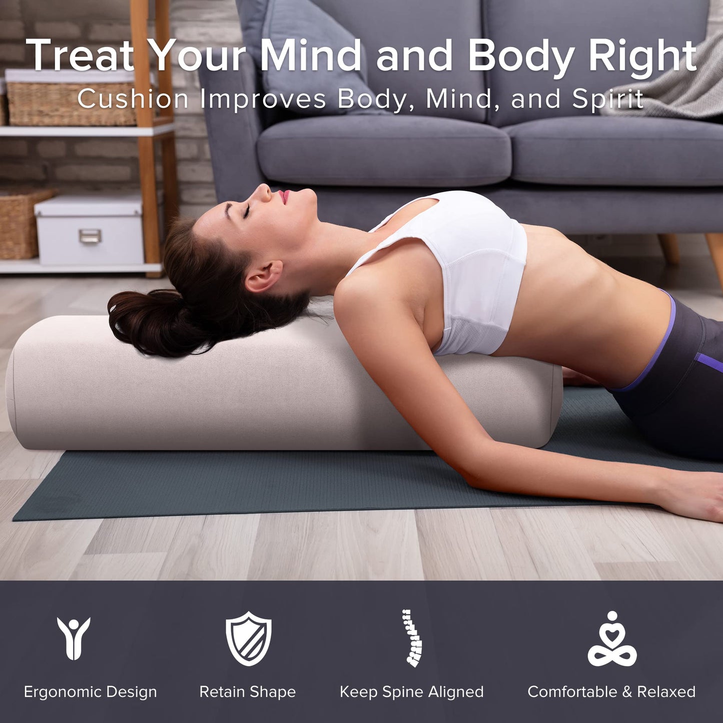 Simian Yoga Bolster Pillow Premium Meditation Bolsters Supportive Rectangular Cushion with Skin-Friendly Velvet Cover Washable, Support Cushions Bolster Pillows for Restorative Yoga,Yin Yoga… (CREAM BEIGE)