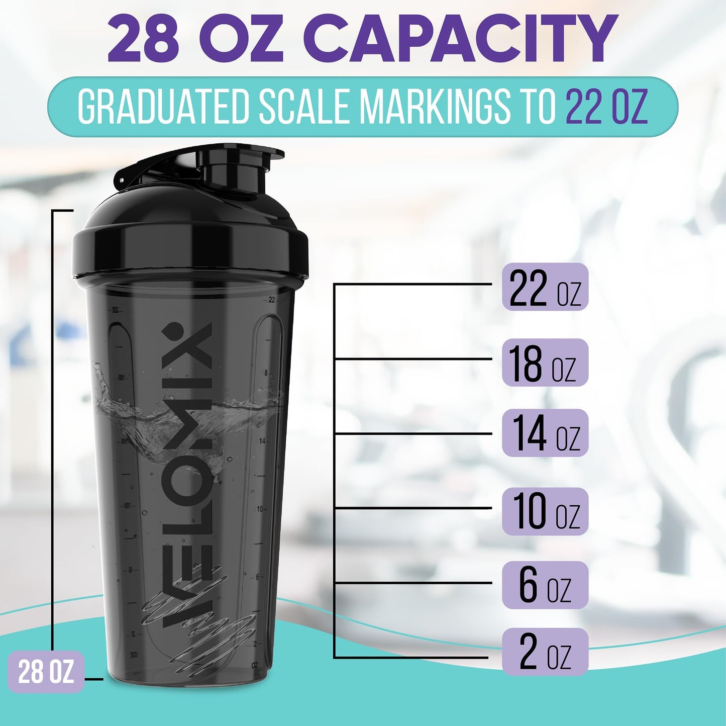 VELOMIX -2 Pack- 28 oz Protein Shaker Bottles for Protein Mixes - 2x Wire Whisk | Leak Proof Shaker Cups for Protein Shakes | Protein Shaker Bottle Pack (Black/Transparent)