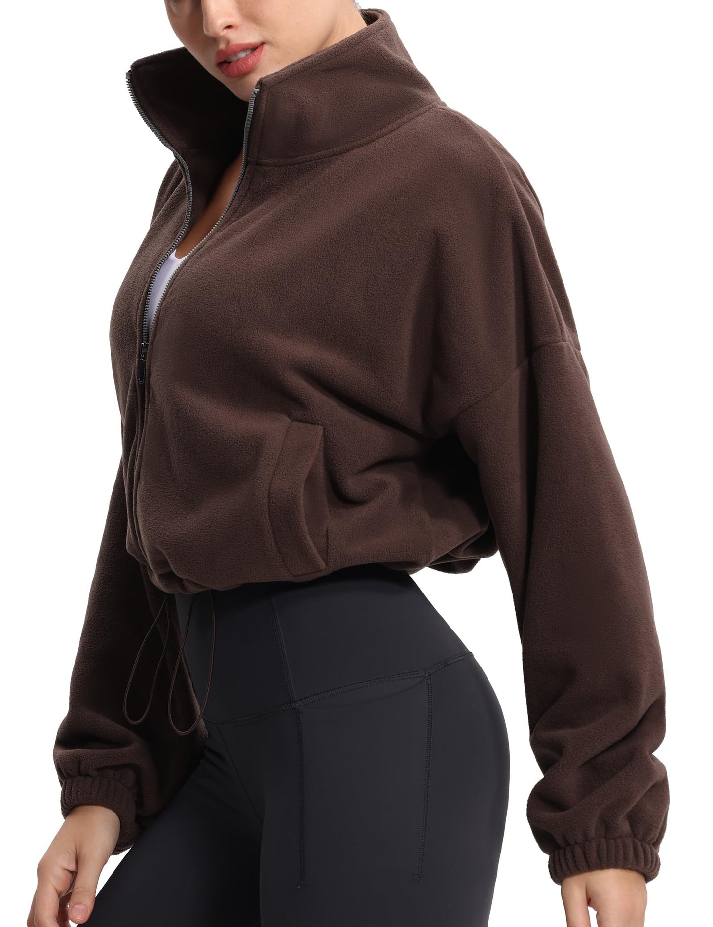 THE GYM PEOPLE Women's Fleece Cropped Jacket Full Zip Stand Collar Workout Short Sherpa Coats with Pockets Drawstring Hem