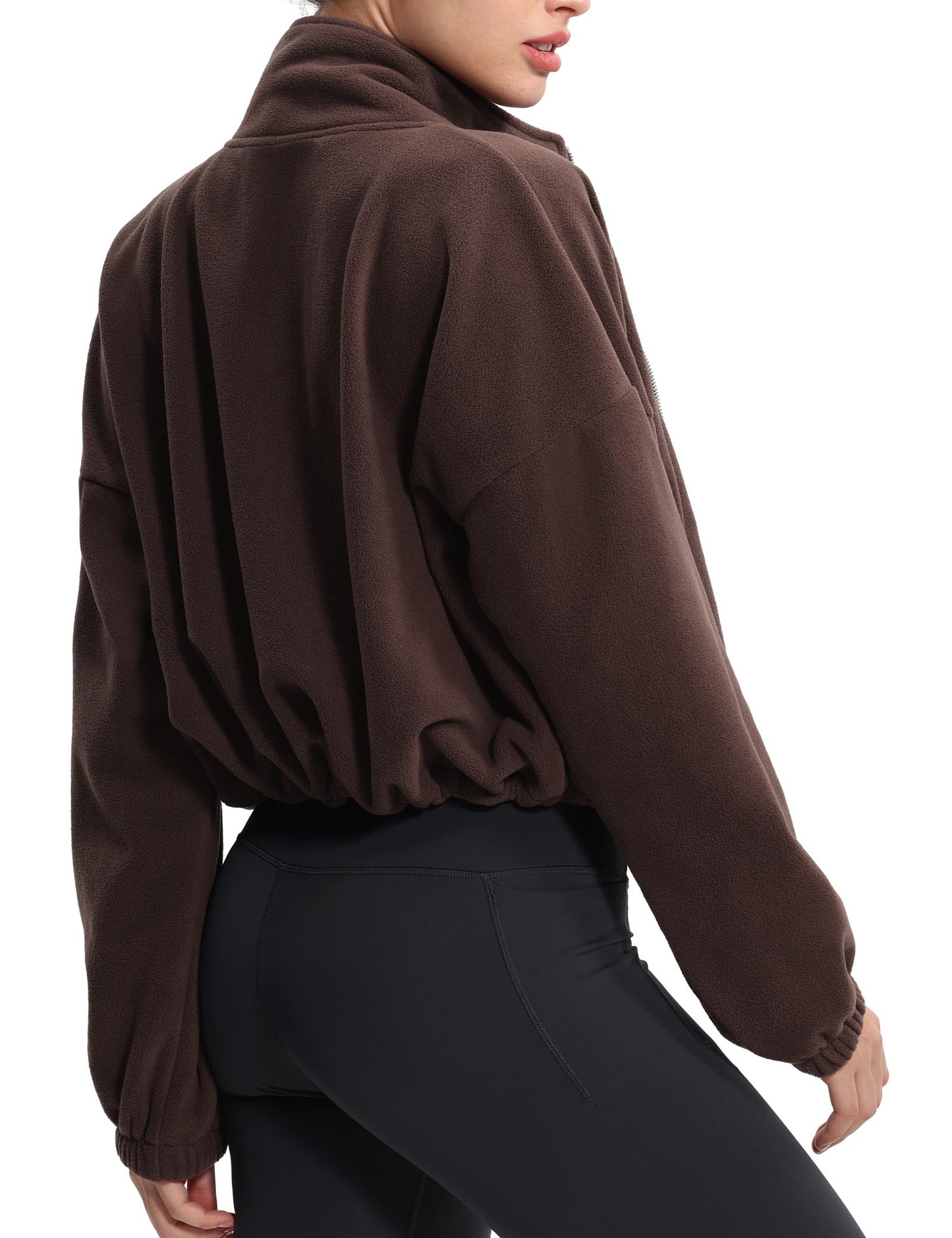THE GYM PEOPLE Women's Fleece Cropped Jacket Full Zip Stand Collar Workout Short Sherpa Coats with Pockets Drawstring Hem