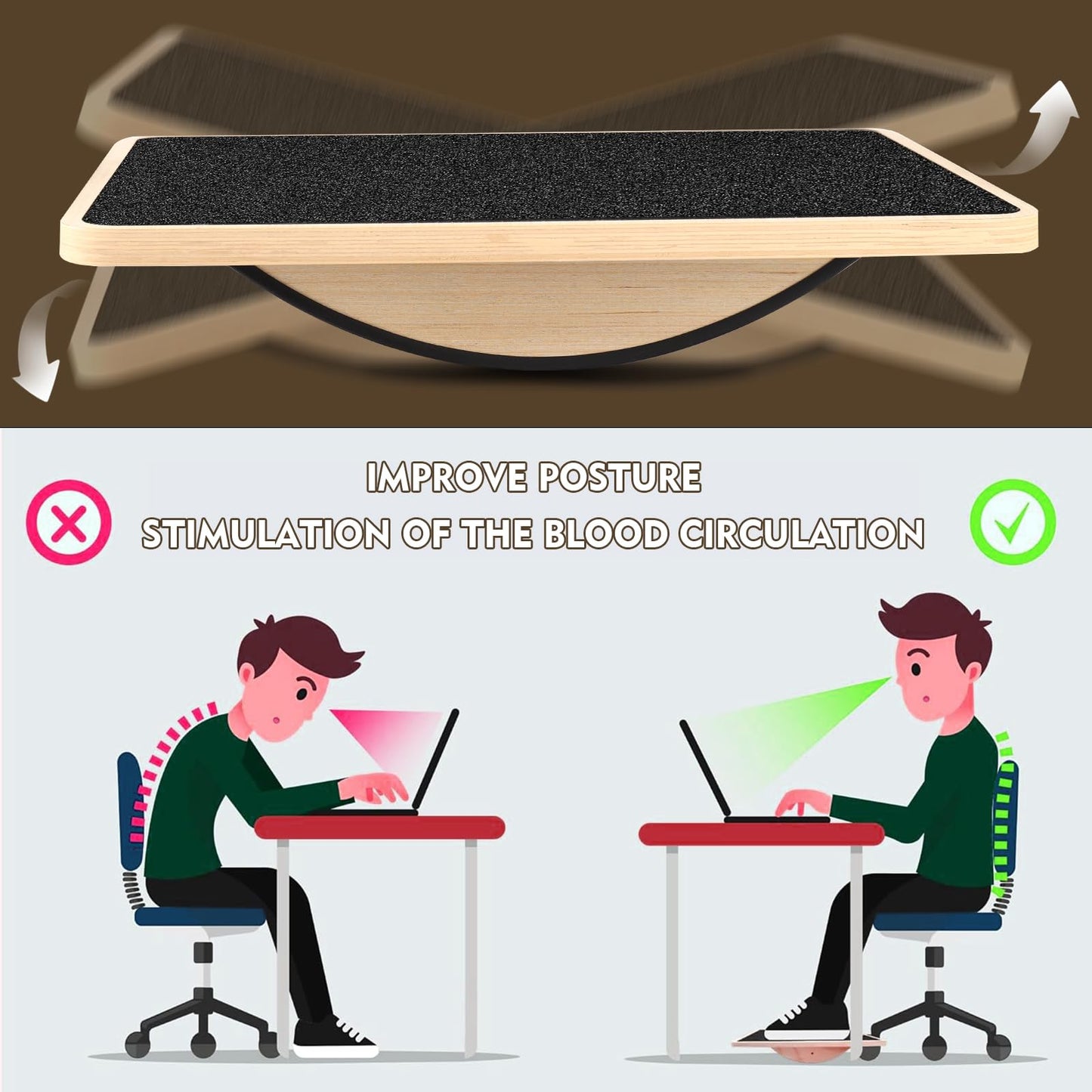 Balance Board for Adults-Anti-Slip Wobble Board for Physical Therapy,Office Balance Beam, Core Strength Trainer-Wooden Rocker Board