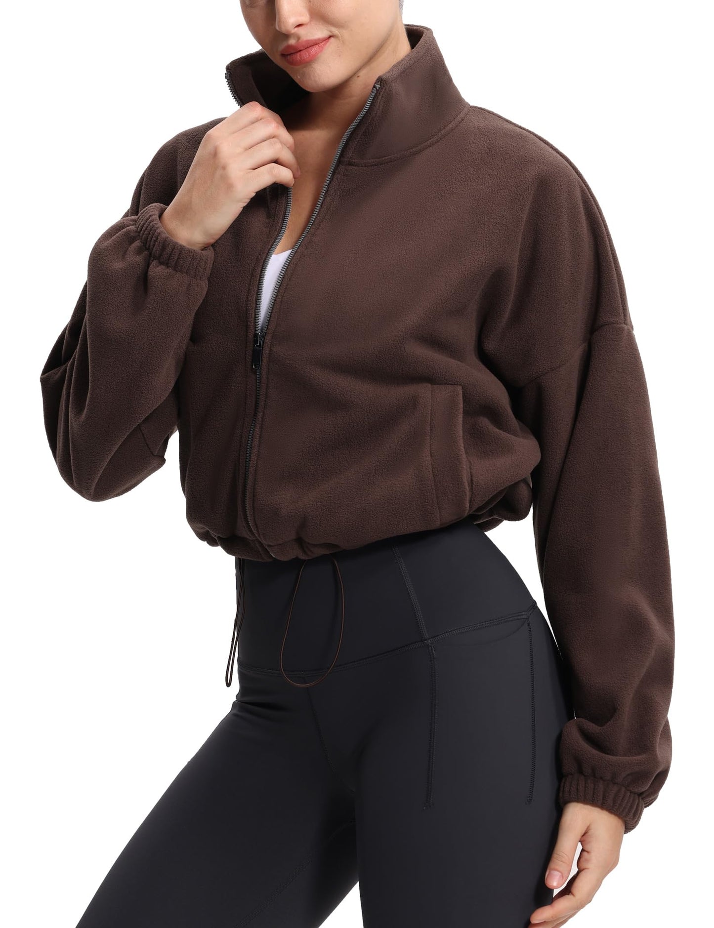 THE GYM PEOPLE Women's Fleece Cropped Jacket Full Zip Stand Collar Workout Short Sherpa Coats with Pockets Drawstring Hem