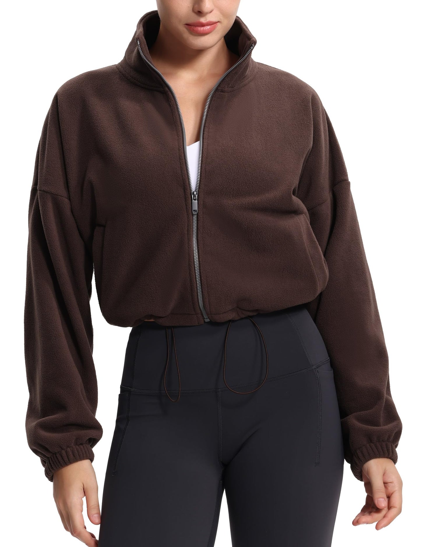THE GYM PEOPLE Women's Fleece Cropped Jacket Full Zip Stand Collar Workout Short Sherpa Coats with Pockets Drawstring Hem