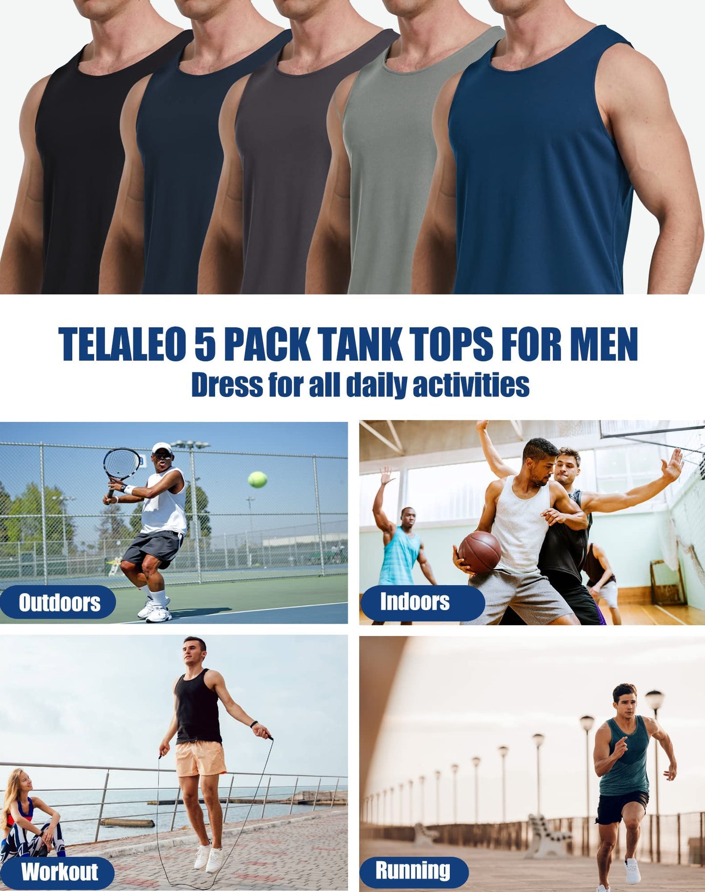 TELALEO 5 Pack Men's Workout Tank Tops Sleeveless Mesh Muscle Gym Shirt Quick Dry Black/Gray/Charcoal/Navy/Blue M