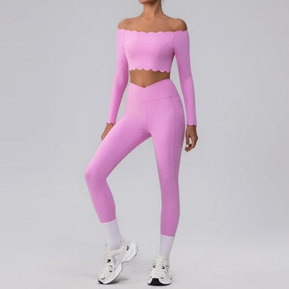 Yoga Suit Lace Shoulder Bra Shoulder Leaky Sports Running Vest Women's Cross High Waist Fitness Pants (YW542 + KW421 white,L/8)
