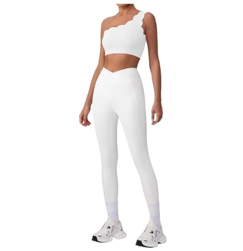 Yoga Suit Lace Shoulder Bra Shoulder Leaky Sports Running Vest Women's Cross High Waist Fitness Pants (YW542 + KW421 white,L/8)