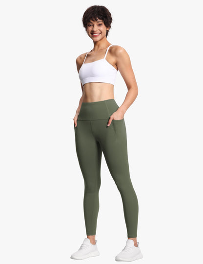 THE GYM PEOPLE Tummy Control Workout Leggings with Pockets High Waist Athletic Yoga Pants for Women Running, Fitness Olive Green