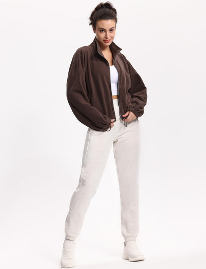 THE GYM PEOPLE Women's Fleece Cropped Jacket Full Zip Stand Collar Workout Short Sherpa Coats with Pockets Drawstring Hem
