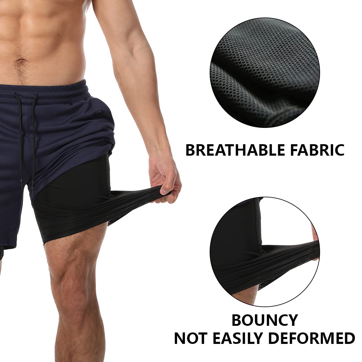 JWJ 3 Pack Men's 2 in 1 Workout Running Shorts 7 Inch Lightweight Athletic Gym Shorts with Compression Liner Black Dark Grey Light Grey L