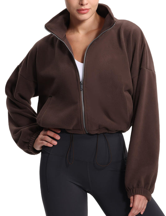 THE GYM PEOPLE Women's Fleece Cropped Jacket Full Zip Stand Collar Workout Short Sherpa Coats with Pockets Drawstring Hem