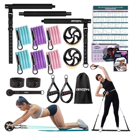 Pilates Bar Kit with Resistance Bands, Multifunctinal Exercise Bar with Ab Roller for Yoga/Abs/Weight Loss, Portable Home Gym Pilates kit for Full Body Training Women - Black