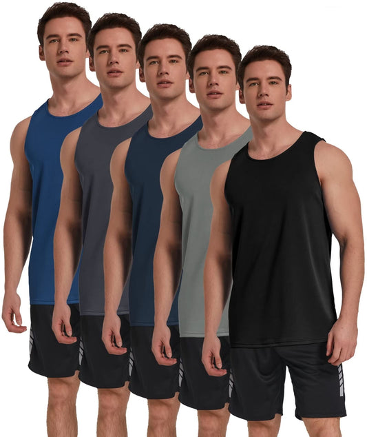 TELALEO 5 Pack Men's Workout Tank Tops Sleeveless Mesh Muscle Gym Shirt Quick Dry Black/Gray/Charcoal/Navy/Blue M