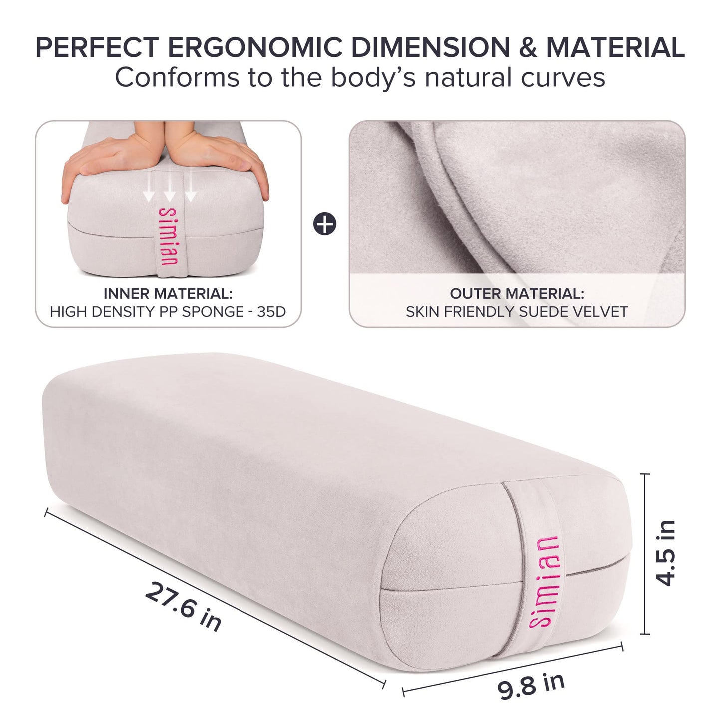 Simian Yoga Bolster Pillow Premium Meditation Bolsters Supportive Rectangular Cushion with Skin-Friendly Velvet Cover Washable, Support Cushions Bolster Pillows for Restorative Yoga,Yin Yoga… (CREAM BEIGE)