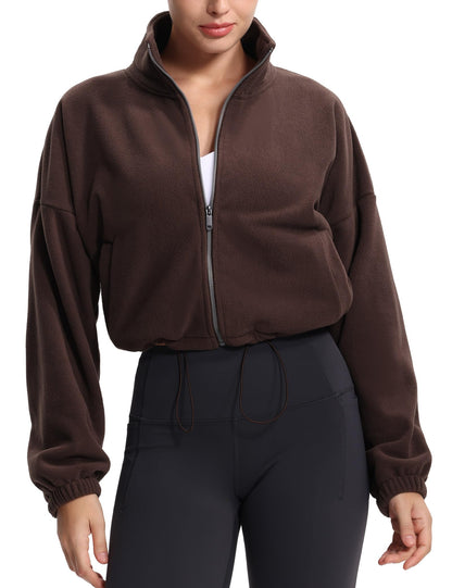 THE GYM PEOPLE Women's Fleece Cropped Jacket Full Zip Stand Collar Workout Short Sherpa Coats with Pockets Drawstring Hem