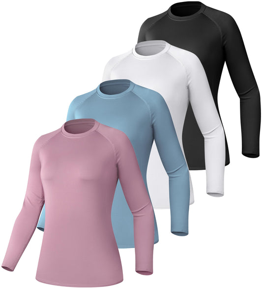 TELALEO 4 Pack Women's Compression Shirt Long Sleeve Performance Workout Baselayer Athletic Top Sports Gear-Black/White/Blue/Prule Medium